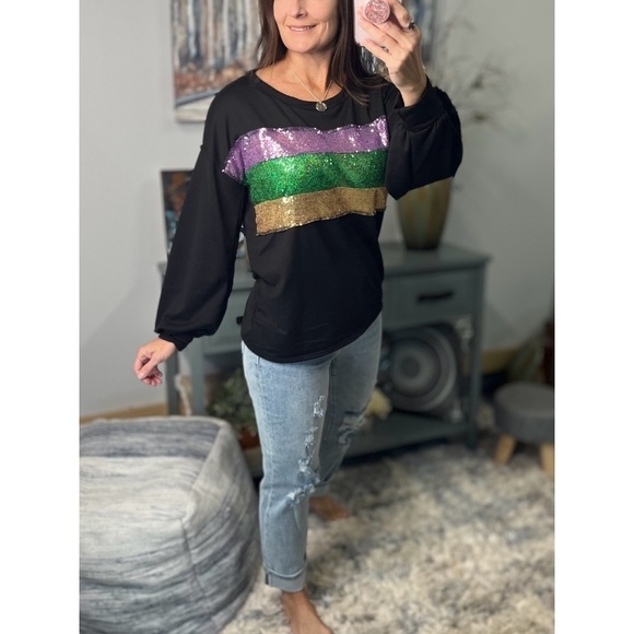 Mardi Gras Sequined Color Block French Terry Purple Green Gold Black 1123 - Picture 7 of 11